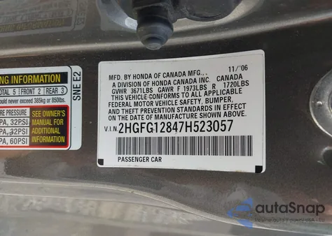 2007 Honda Civic Ex из США, поврежденный, VIN 2HGFG12847H523057